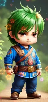 Chibi character with green hair in vibrant blue attire on a path.