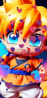 Chibi anime character with colorful hearts.