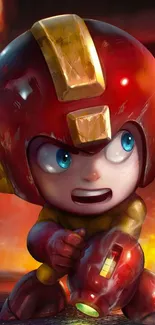 Chibi cartoon character in vibrant red armor and dynamic pose.