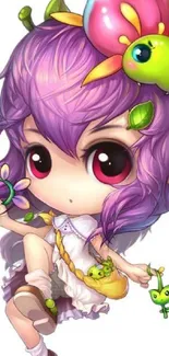 Chibi character with purple hair and colorful flowers.