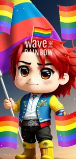 Chibi character holding pride flags in a colorful wallpaper.