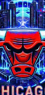 Chicago Bulls logo with cityscape background.