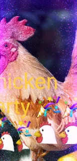 Vibrant chicken-themed party wallpaper with colorful festive elements.