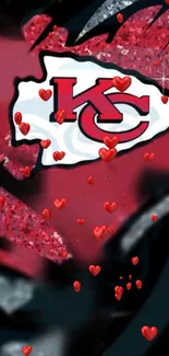 Kansas City Chiefs logo with hearts and sparkles on a red background.