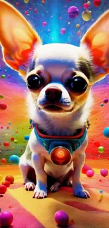 Colorful Chihuahua in a fantasy setting with vibrant colors.