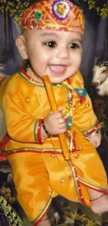 Adorable baby in orange traditional attire with festive background design.