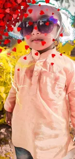 Child wearing sunglasses with hearts and yellow background.