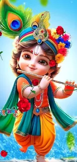 Colorful child Krishna with flute and flowers.