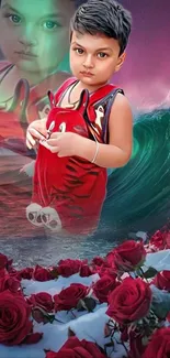 A child in a red outfit surrounded by roses and ocean waves.