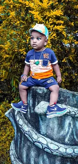 Child sitting on tree stump surrounded by vibrant yellow foliage.