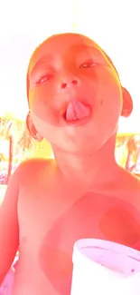 Playful child with tongue out against bright backdrop.