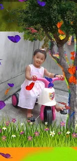 Child on tricycle surrounded by colorful butterflies and vibrant green scenery.