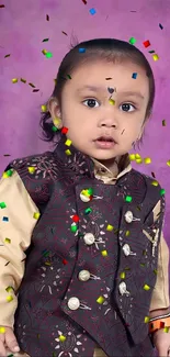 Child in festive attire with confetti on purple background.