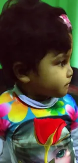 Vibrant portrait of a child with colorful attire and a green background.