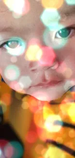 Child's face with vibrant bokeh effect in the background.