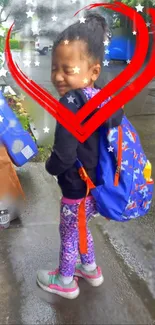 Child with backpack and heart art on rainy street, vibrant colors.