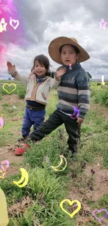 Vibrant scene with two kids outdoors, colorful and playful.