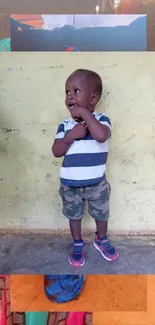 A joyful child in stripes and camo shorts against a beige background.