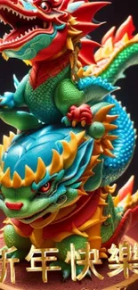 Vibrant Chinese dragon statue with New Year wishes.