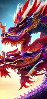 Vibrant red and purple Chinese dragon artwork with intricate details.