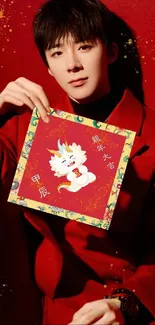 Person in red suit holding festive Chinese decor.