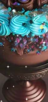 Colorful chocolate cake with turquoise frosting and sparkles.