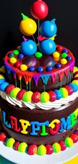 Colorful chocolate birthday cake with balloons and vibrant frosting.