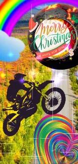 Festive wallpaper with biker, rainbows, and Christmas theme.