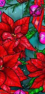 Vibrant wallpaper with red poinsettias and festive ornaments.