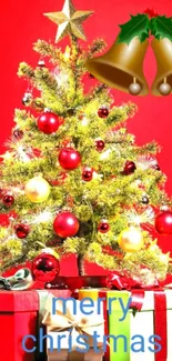 Colorful Christmas tree with gifts and bells on a red background.