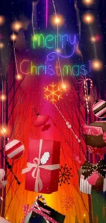 Vibrant Christmas wallpaper with gifts and lights.