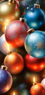 Colorful Christmas ornaments with candles