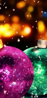 Festive purple and green Christmas ornaments with snowfall effect.