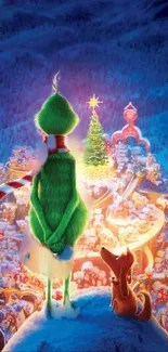 Festive green character overlooking Christmas town with bright lights.