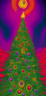 Colorful artistic Christmas tree on vibrant wallpaper.