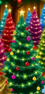 Colorful Christmas trees with lights and ornaments.