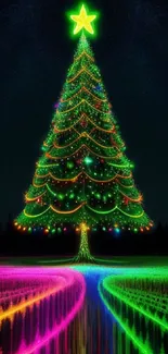 Vibrant Christmas tree with colorful lights and star on a dark background.