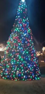 Colorful LED Christmas tree lights at night.