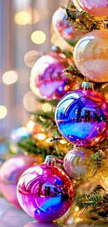Vibrant Christmas tree with colorful ornaments and festive lights