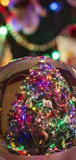 Christmas tree with colorful lights in glass orb reflection wallpaper.