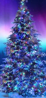 Bright Christmas tree with colorful lights against a snowy winter backdrop.