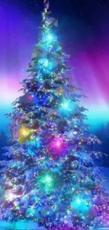 Vibrant Christmas tree with colorful lights under a starry night sky.