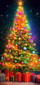 Vibrant Christmas tree with colorful gifts and glowing lights.