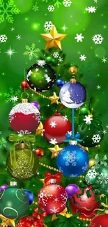 Vibrant Christmas tree with ornaments on a green background.