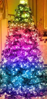 Vibrant Christmas tree with colorful lights and festive decorations.