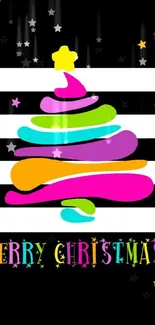 Colorful abstract Christmas tree on striped background.