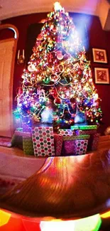 Christmas tree decorated with colorful lights and gifts under it.