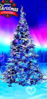 A vibrant Christmas tree with colorful lights in a snowy forest.