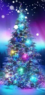 Vibrant Christmas tree with colorful lights under aurora sky.