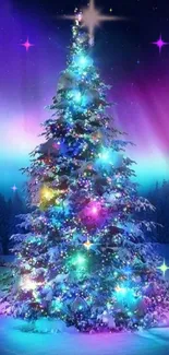 Colorful Christmas tree with aurora background.